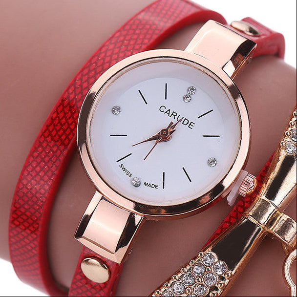 CARUDE Rhinestone Bracelet Watch – Teal Leather Strap, Gold-Tone Case