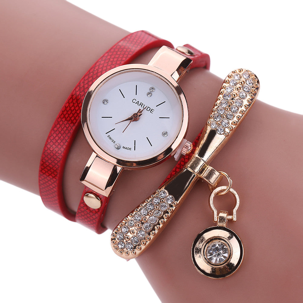 CARUDE Rhinestone Bracelet Watch – Teal Leather Strap, Gold-Tone Case