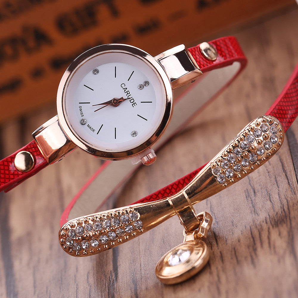 CARUDE Rhinestone Bracelet Watch – Teal Leather Strap, Gold-Tone Case