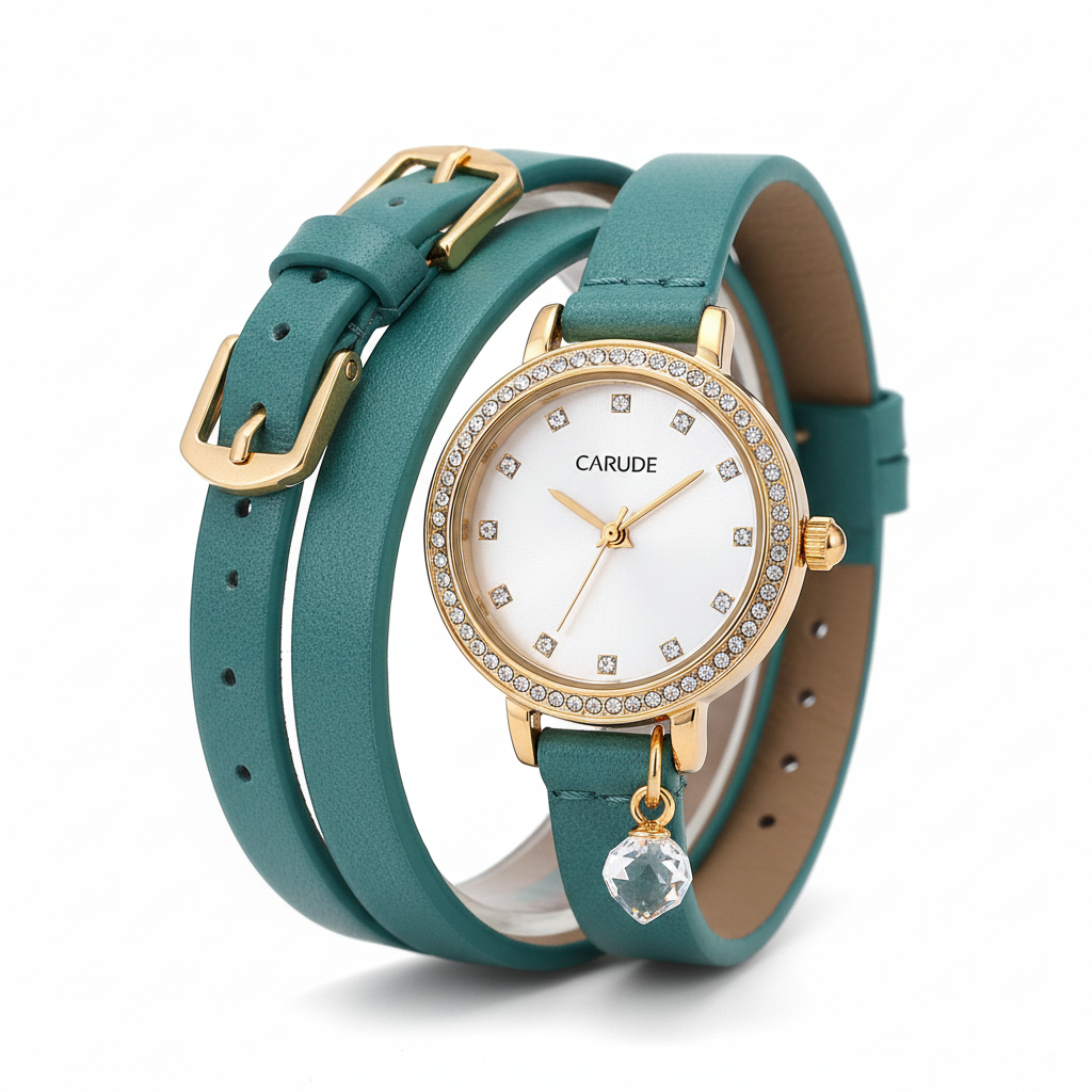 CARUDE Rhinestone Bracelet Watch – Teal Leather Strap, Gold-Tone Case