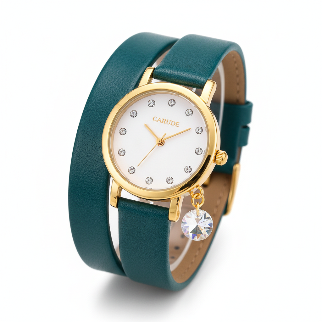 CARUDE Rhinestone Bracelet Watch – Teal Leather Strap, Gold-Tone Case