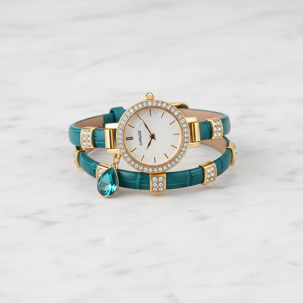 CARUDE Rhinestone Bracelet Watch – Teal Leather Strap, Gold-Tone Case