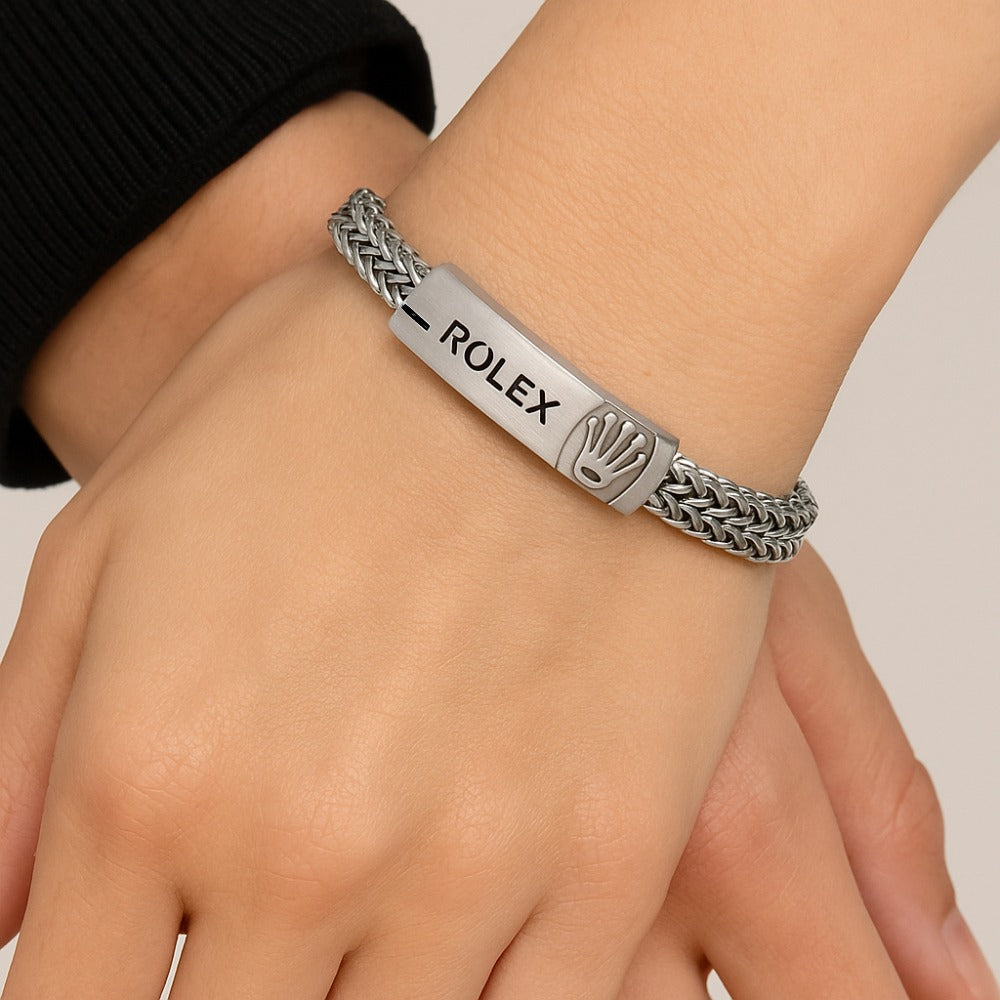 Crown Emblem Designer Bracelet – Woven Stainless Steel